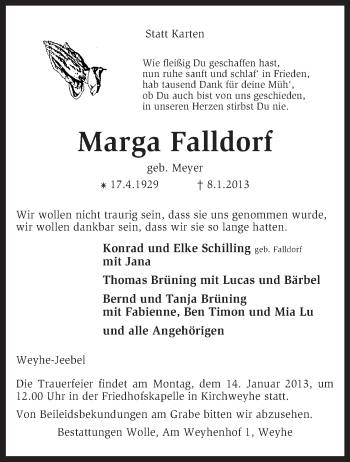 Traueranzeige von Marga Falldorf von KRZ