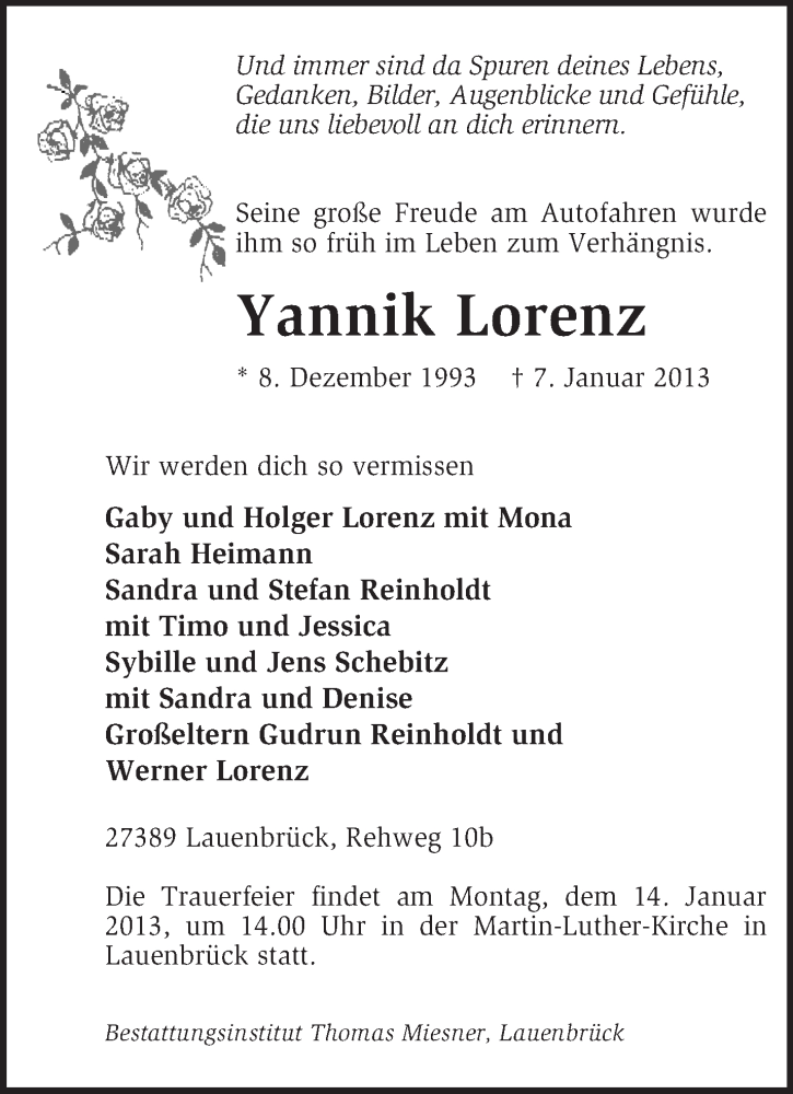  Traueranzeige für Yannik Lorenz vom 10.01.2013 aus KRZ