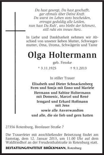 Traueranzeige von Olga Holtermann von KRZ