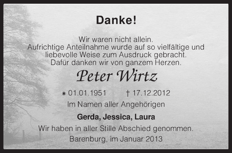  Traueranzeige für Peter Wirtz vom 12.01.2013 aus KRZ
