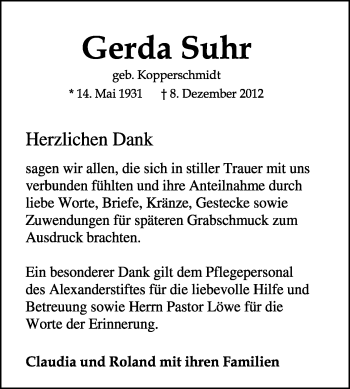 Traueranzeige von Gerda Suhr von KRZ