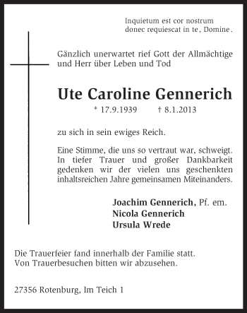 Traueranzeige von Ute Caroline Gennerich von KRZ