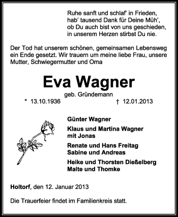 Traueranzeige von Eva Wagner von KRZ