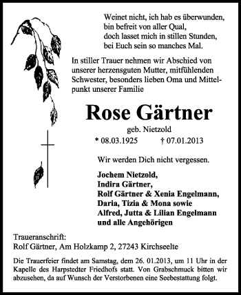 Traueranzeige von Rose Gärtner von KRZ