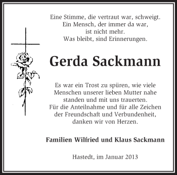 Traueranzeige von Gerda Sackmann von KRZ