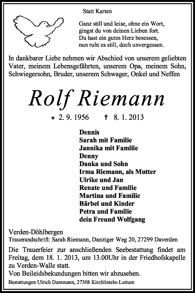  Traueranzeige für Rolf Riemann vom 16.01.2013 aus KRZ