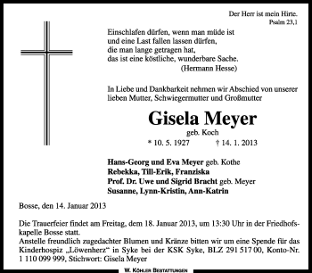 Traueranzeige von Gisela Meyer von KRZ