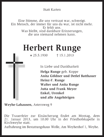 Traueranzeige von Herbert Runge von KRZ