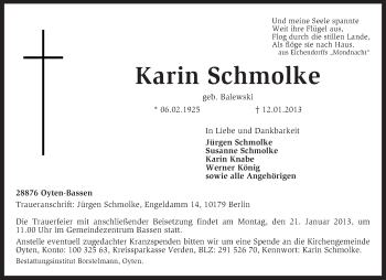 Traueranzeige von Karin Schmolke von KRZ