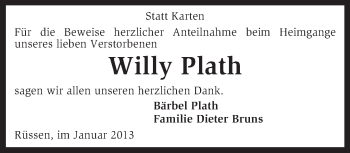 Traueranzeige von Willy Plath von KRZ