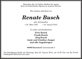 Traueranzeige von Renate Busch von KRZ