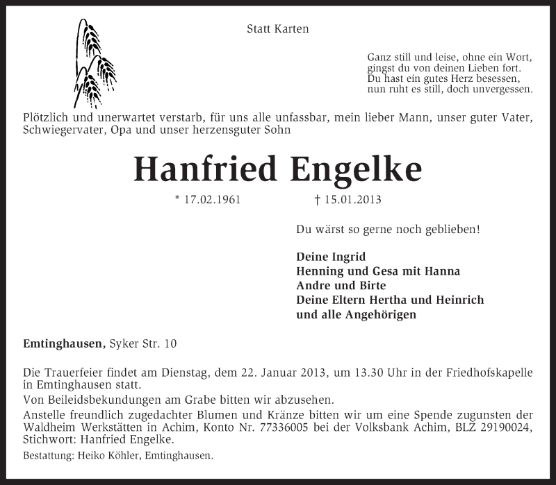  Traueranzeige für Hanfried Engelke vom 18.01.2013 aus KRZ