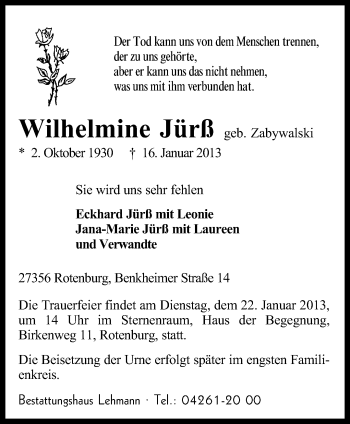 Traueranzeige von Wilhelmine Jürß von KRZ