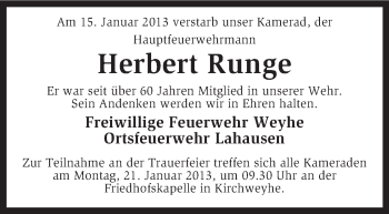 Traueranzeige von Herbert Runge von KRZ