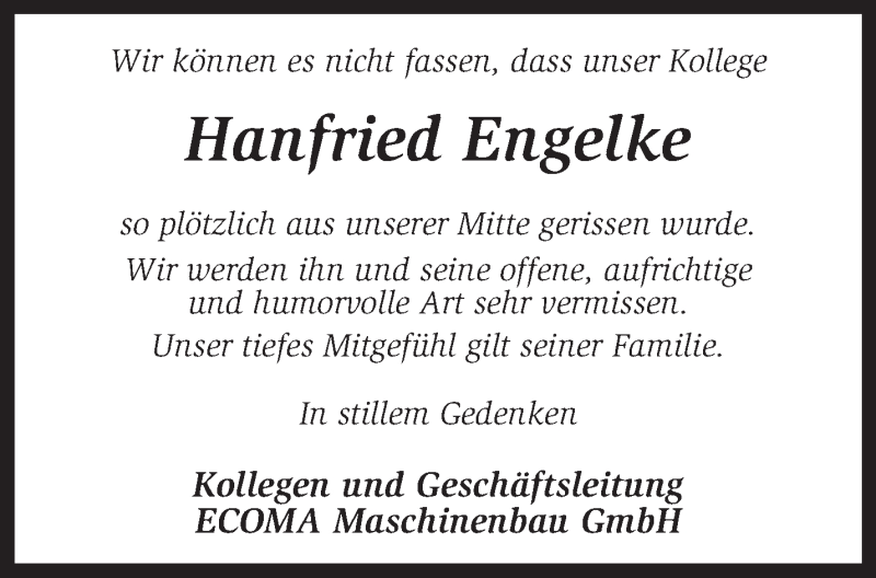  Traueranzeige für Hanfried Engelke vom 18.01.2013 aus KRZ