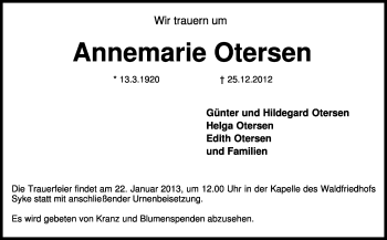 Traueranzeige von Annemarie Otersen von KRZ