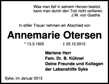 Traueranzeige von Annemarie Otersen von KRZ