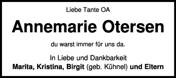 Traueranzeige von Annemarie Otersen von KRZ