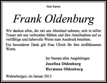 Traueranzeige von Frank Oldenburg von KRZ