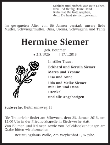 Traueranzeige von Hermine Siemer von KRZ