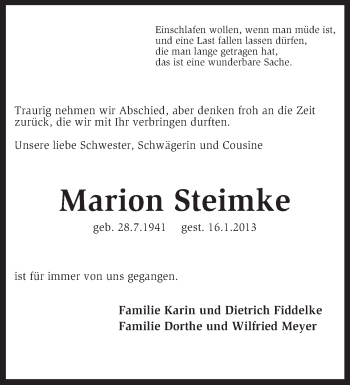 Traueranzeige von Marion Steimke von KRZ