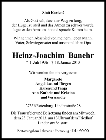 Traueranzeige von Hans-Joachim Banehr von KRZ