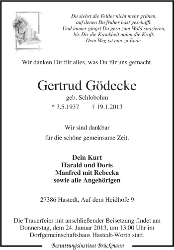 Traueranzeige von Gertrud Gödecke von KRZ