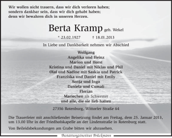 Traueranzeige von Berta Kramp von KRZ