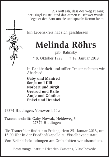 Traueranzeige von Melinda Röhrs von KRZ