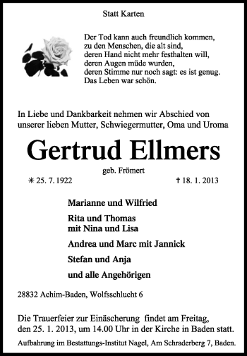 Traueranzeige von Gertrud Ellmers von KRZ