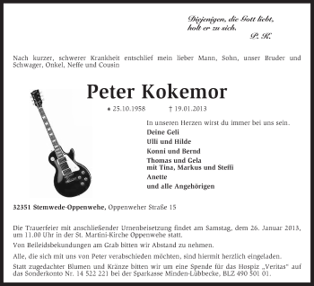 Traueranzeige von Peter Kokemor von KRZ