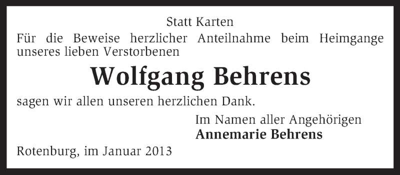  Traueranzeige für Wolfgang Behrens vom 23.01.2013 aus KRZ