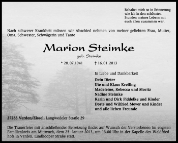 Traueranzeige von Marion Steimke von KRZ