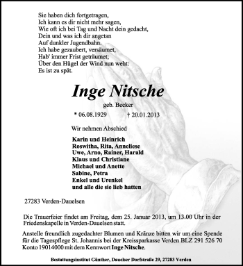 Traueranzeige von Inge Nitsche von KRZ