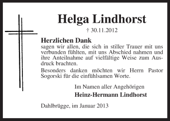 Traueranzeige von Helga Lindhorst von KRZ