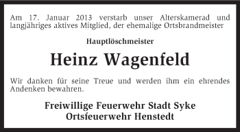 Traueranzeige von Heinz Wagenfeld von KRZ