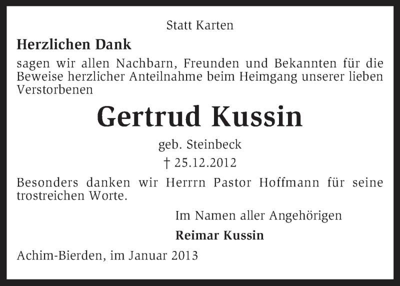  Traueranzeige für Gertrud Kussin vom 26.01.2013 aus KRZ