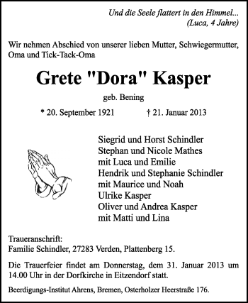 Traueranzeige von Grete Kasper von KRZ