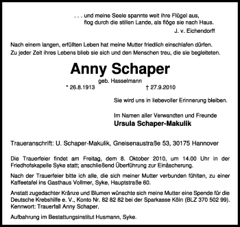 Traueranzeige von Anny Scharper von KREISZEITUNG SYKE