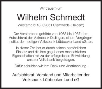 Traueranzeige von Wilhelm Schmedt von KREISZEITUNG SYKE