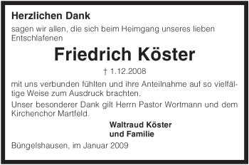 Traueranzeige von Friedrich Köster von KREISZEITUNG SYKE