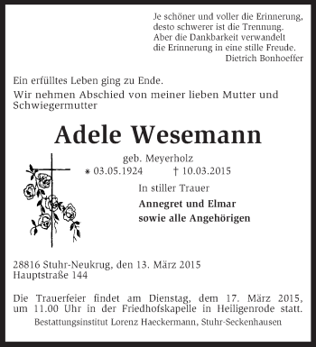 Traueranzeige von Adele Wesemann von KRZ