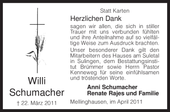 Traueranzeige von Willi Schumacher von KREISZEITUNG SYKE