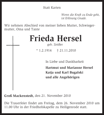 Traueranzeige von Frieda Hersel von KREISZEITUNG SYKE