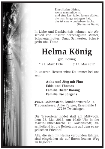 Traueranzeige von Helma König von KREISZEITUNG SYKE