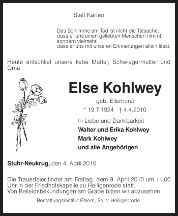 Traueranzeige von Else Kohlwey von KREISZEITUNG SYKE