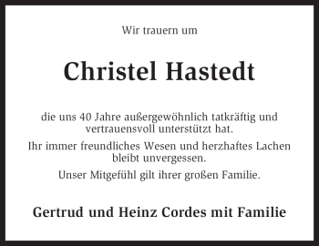 Traueranzeige von Christel Hastedt von KREISZEITUNG SYKE