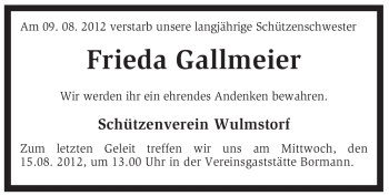 Traueranzeige von Frieda Gallmeier von KREISZEITUNG SYKE