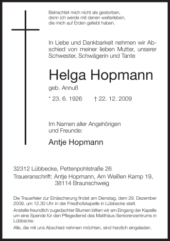 Traueranzeige von Helga Hopmann 