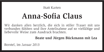 Traueranzeige von Anna-Sofia Claus von KRZ